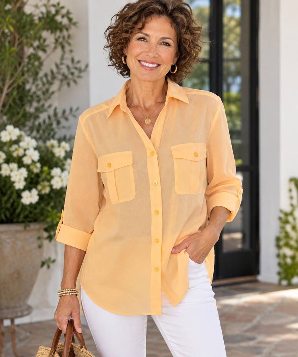 Chicos Womens Peach Button Down Long Sleeve Blouse Medium